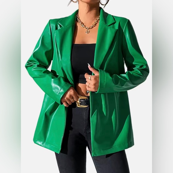 Solid Green V Neck Lapel Long Sleeve Button Blazer Jacket - Picture 1 of 5